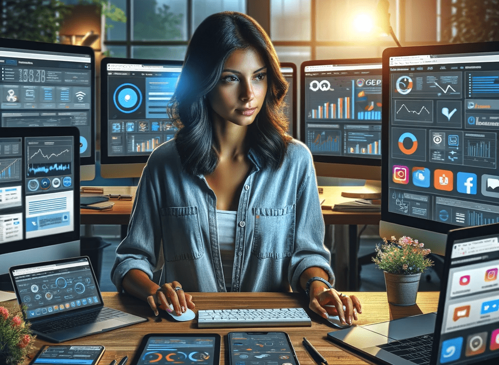 digital marketing consultant working on multiple screens, surrounded by digital marketing tools and strategies