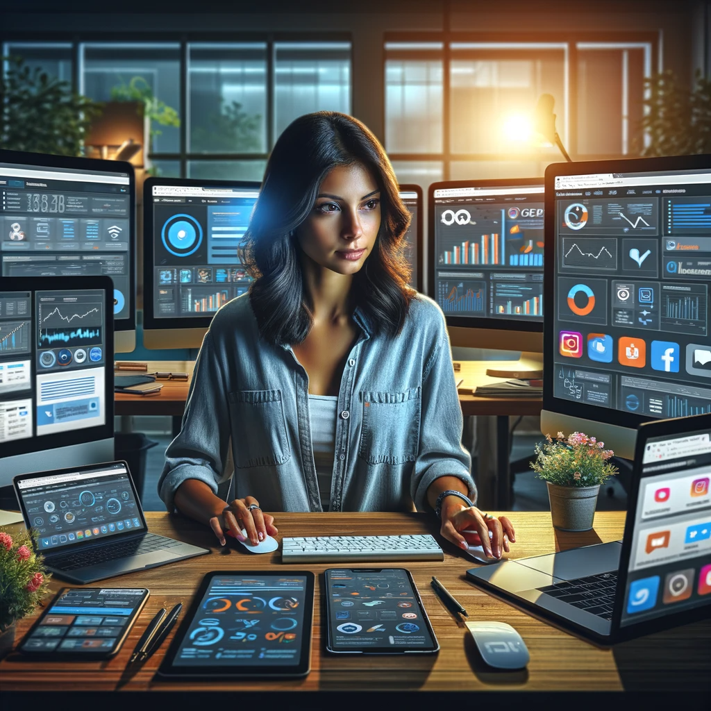 digital marketing consultant working on multiple screens, surrounded by digital marketing tools and strategies