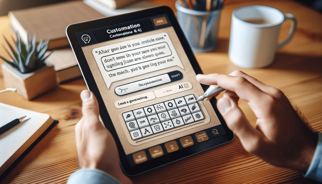 Close-up of a user interacting with a tablet running AI Quote Generator, selecting customization options for generating personalized quotes, in a relaxed brainstorming environment.