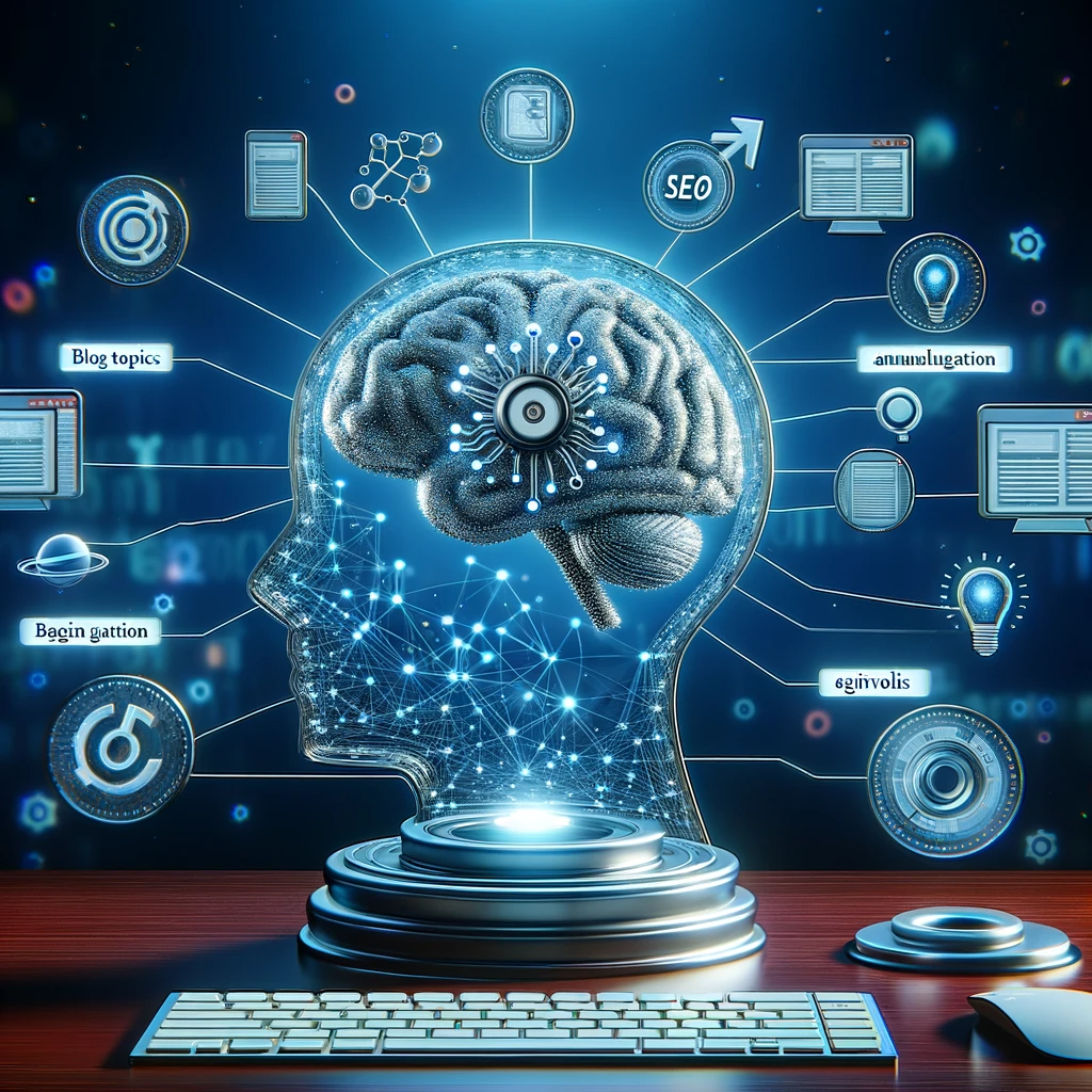 Symbolic AI brain connected to a computer, representing the role of AI in analyzing blog topics and SEO.