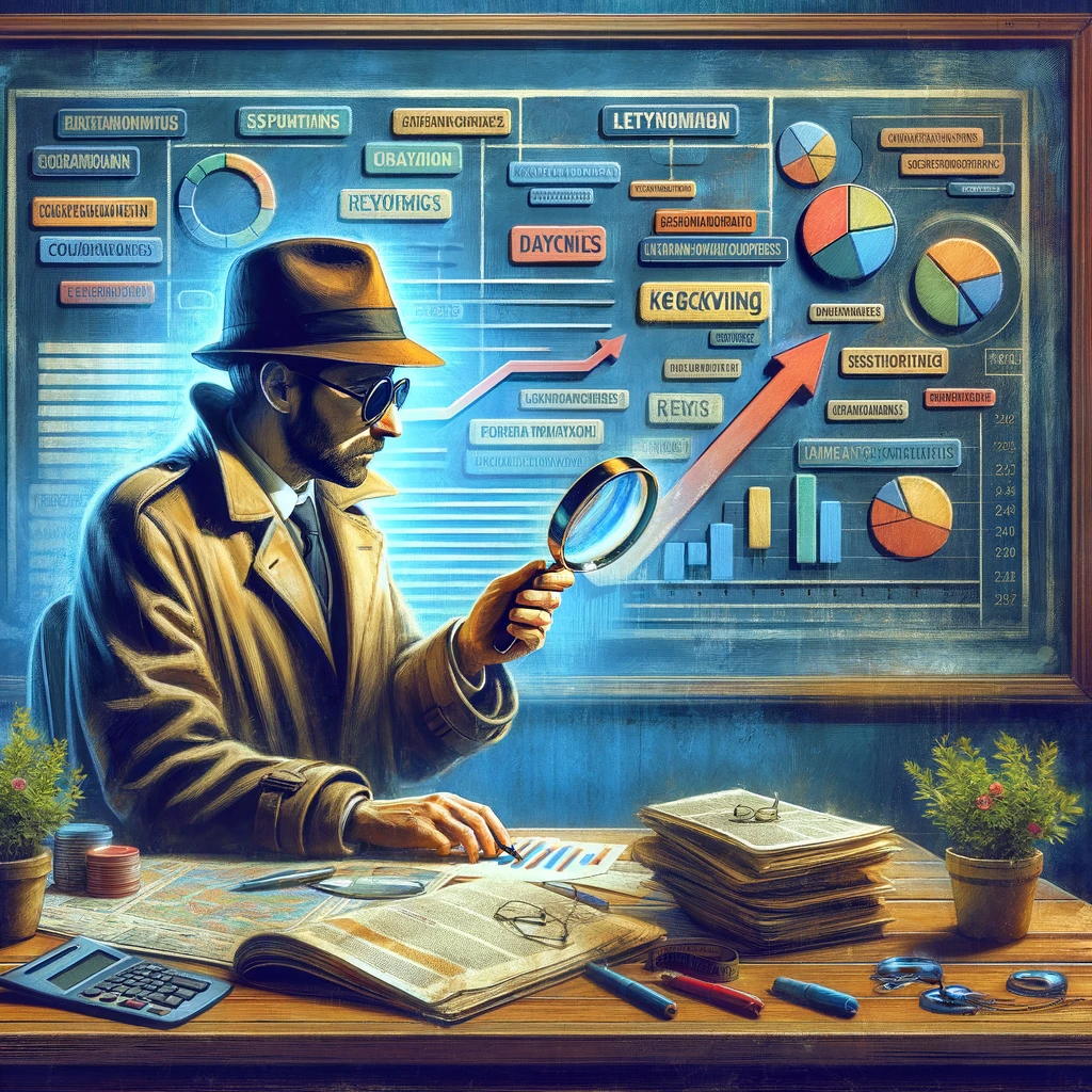 Artistic depiction of a detective examining a board of keywords and analytics, representing advanced content marketing strategies.