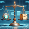 Balanced comparison of Affiliate Marketing and Amazon FBA, depicted by a scale with symbolic icons, highlighting the tech-driven nature of both business models.