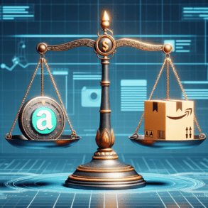 Balanced comparison of Affiliate Marketing and Amazon FBA, depicted by a scale with symbolic icons, highlighting the tech-driven nature of both business models.