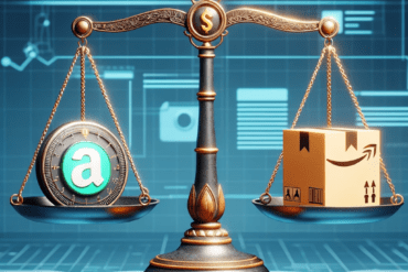Balanced comparison of Affiliate Marketing and Amazon FBA, depicted by a scale with symbolic icons, highlighting the tech-driven nature of both business models.
