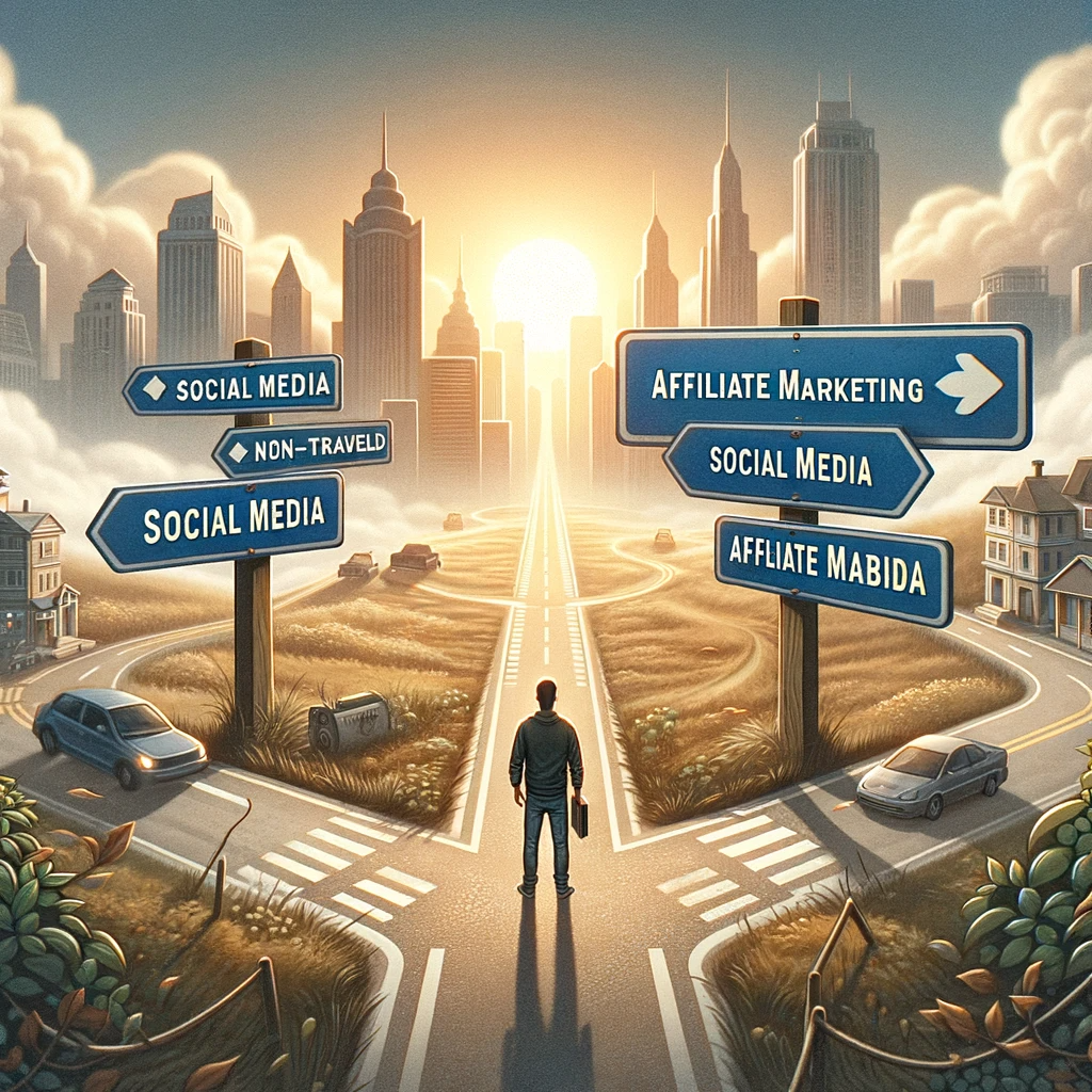 Crossroads decision in affiliate marketing - bustling social media city versus serene non-social media path.