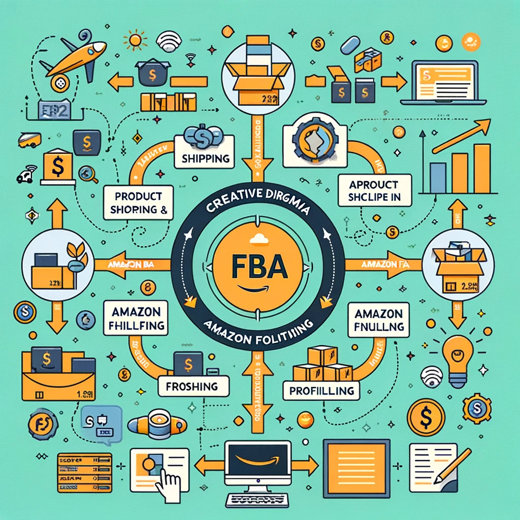 This flowchart visually guides through the Amazon FBA process, including product sourcing, shipment, and profit receiving.