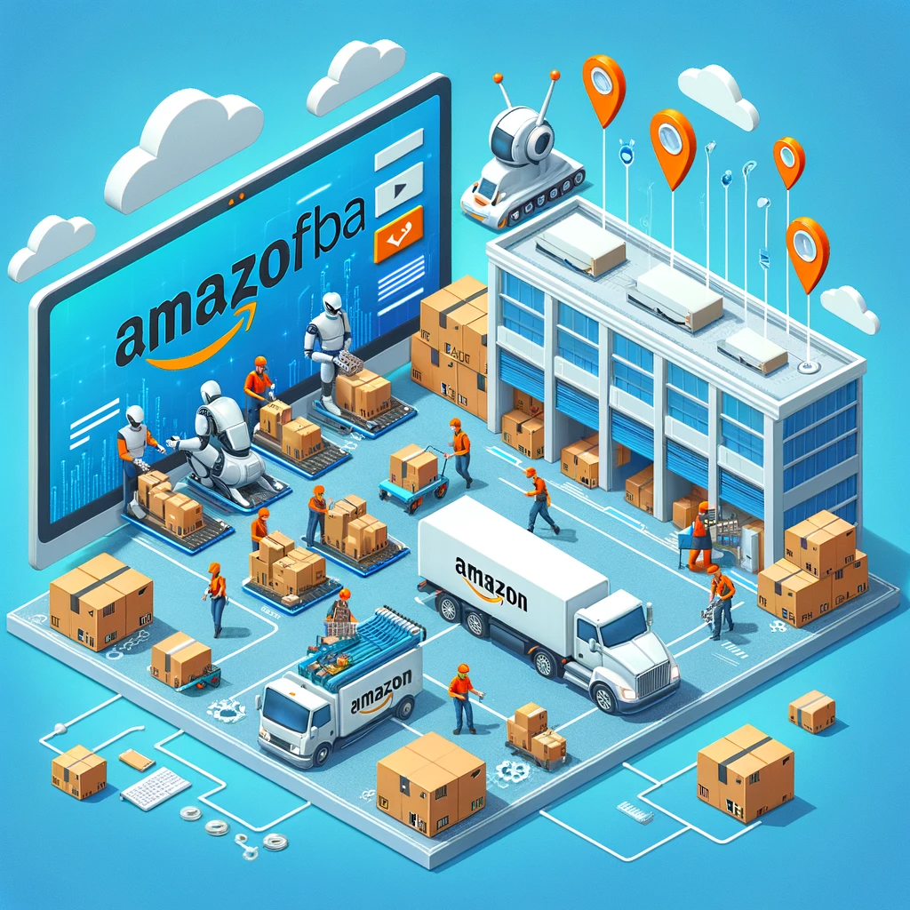 Amazon FBA logistics and operations in action, featuring a bustling warehouse with automation, delivery preparedness, and Amazon branding.