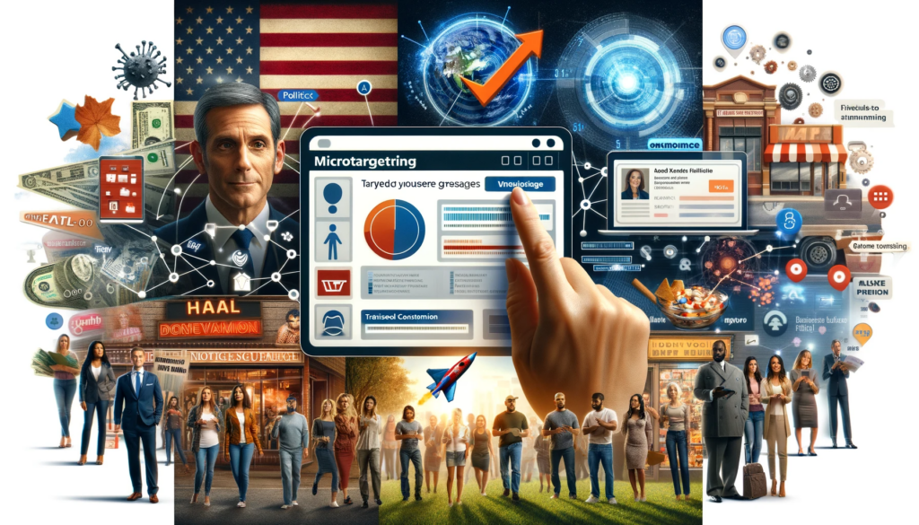 Collage of various industries using microtargeting, with tailored messages reaching diverse consumer groups in politics, e-commerce, and entertainment.