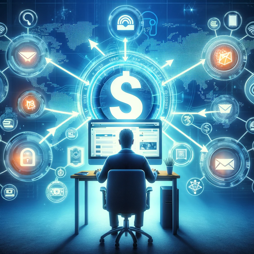 Digital marketer engaging in affiliate marketing with global online reach, symbolized by interconnected web icons and a central dollar sign on a digital world map.