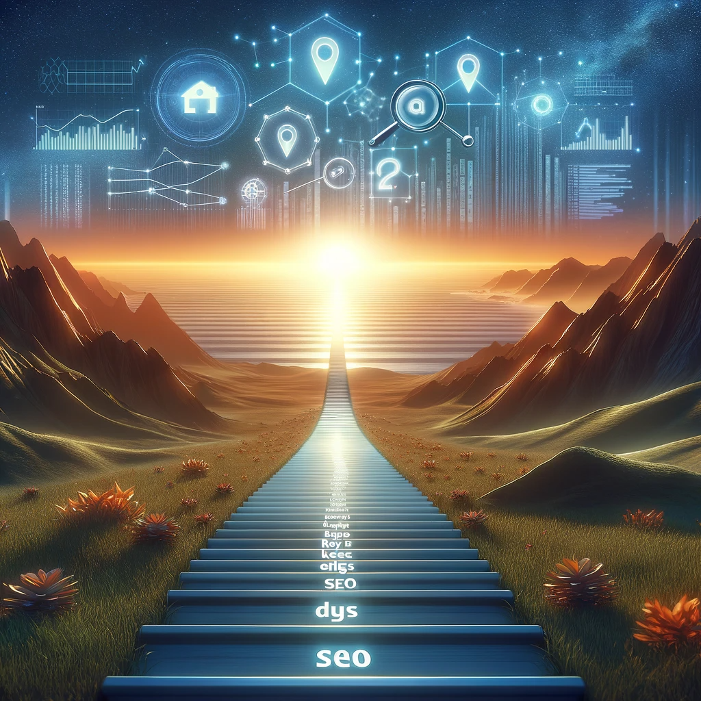 Path leading towards the horizon with keywords and data points, representing the ongoing journey in SEO and affiliate marketing