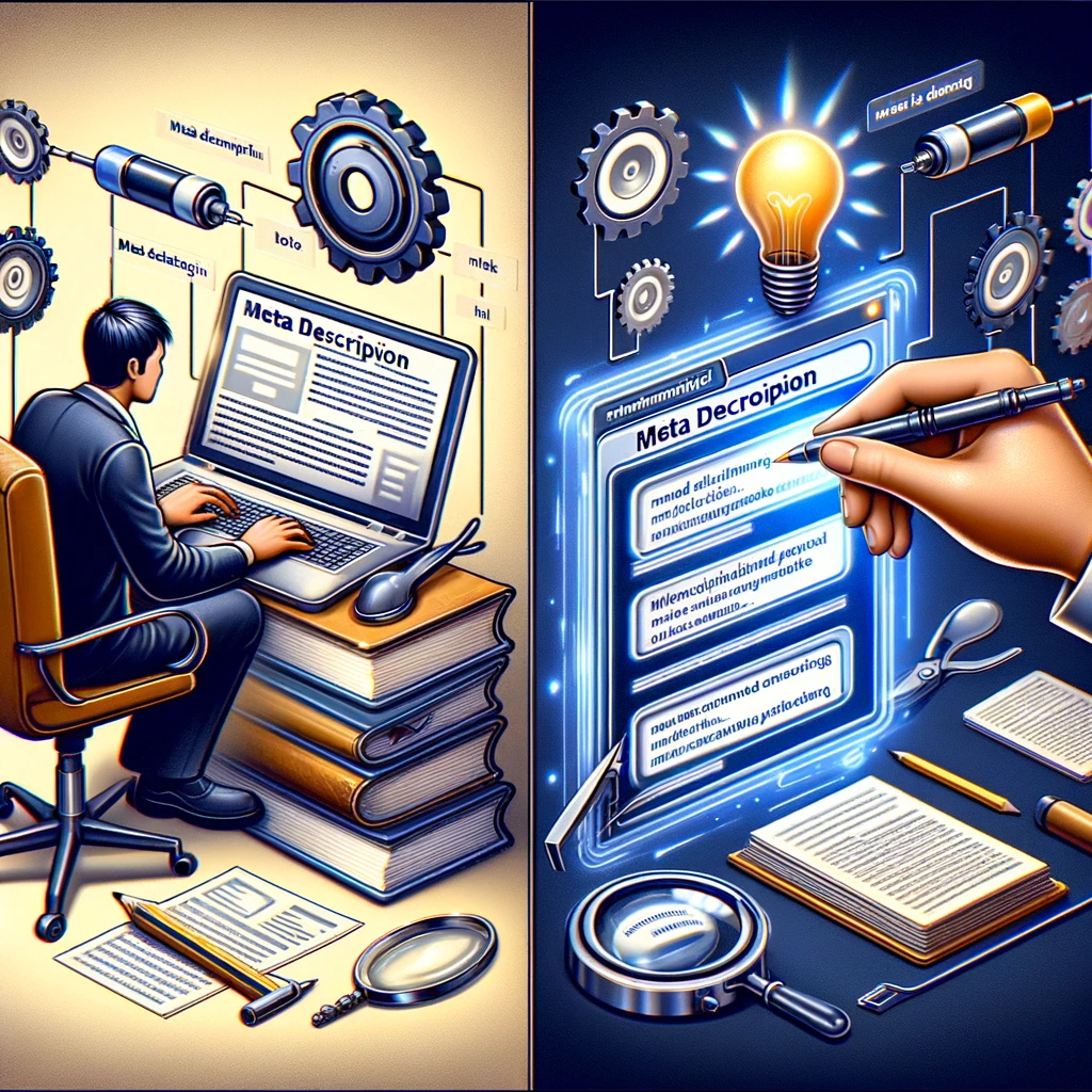 Comparison of manual and AI-generated meta description processes, highlighting the efficiency and precision of AI in SEO.