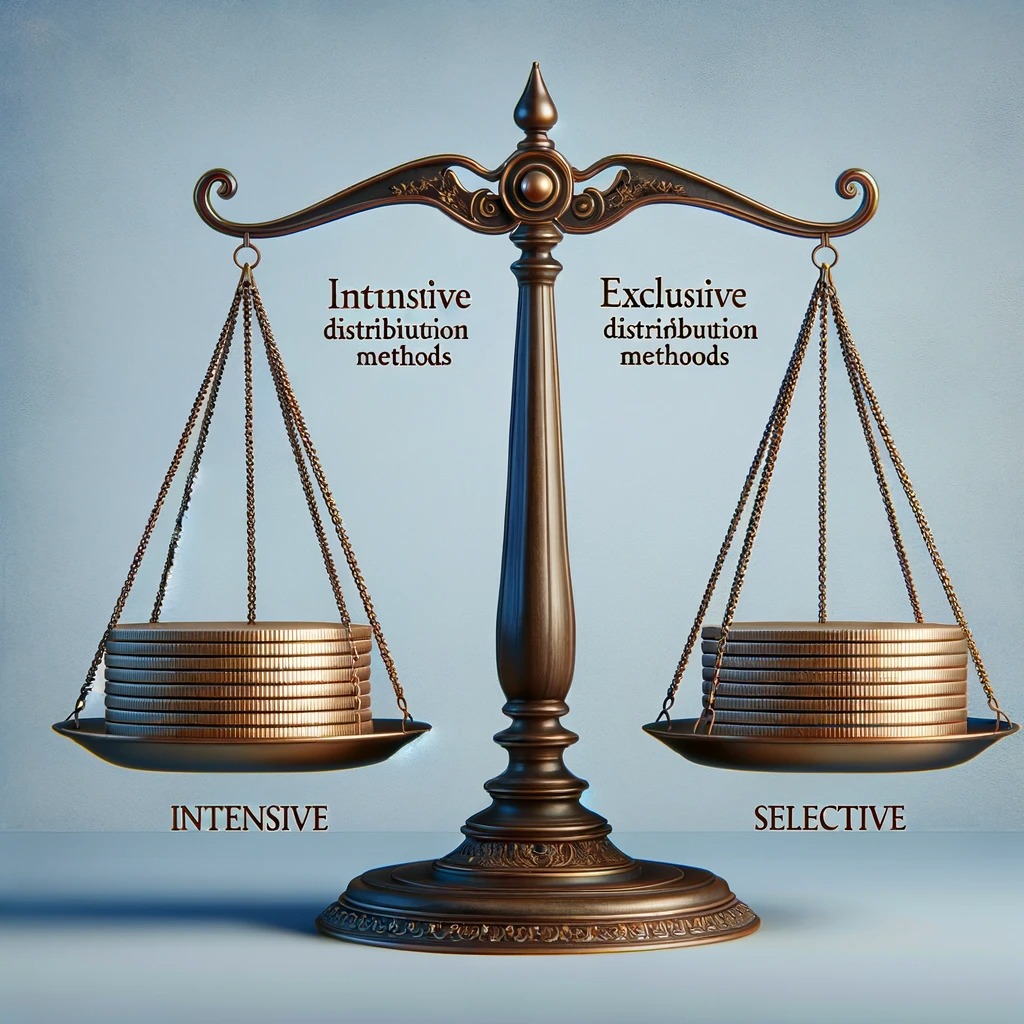 Balanced scale comparing intensive, selective, and exclusive distribution methods in market strategy