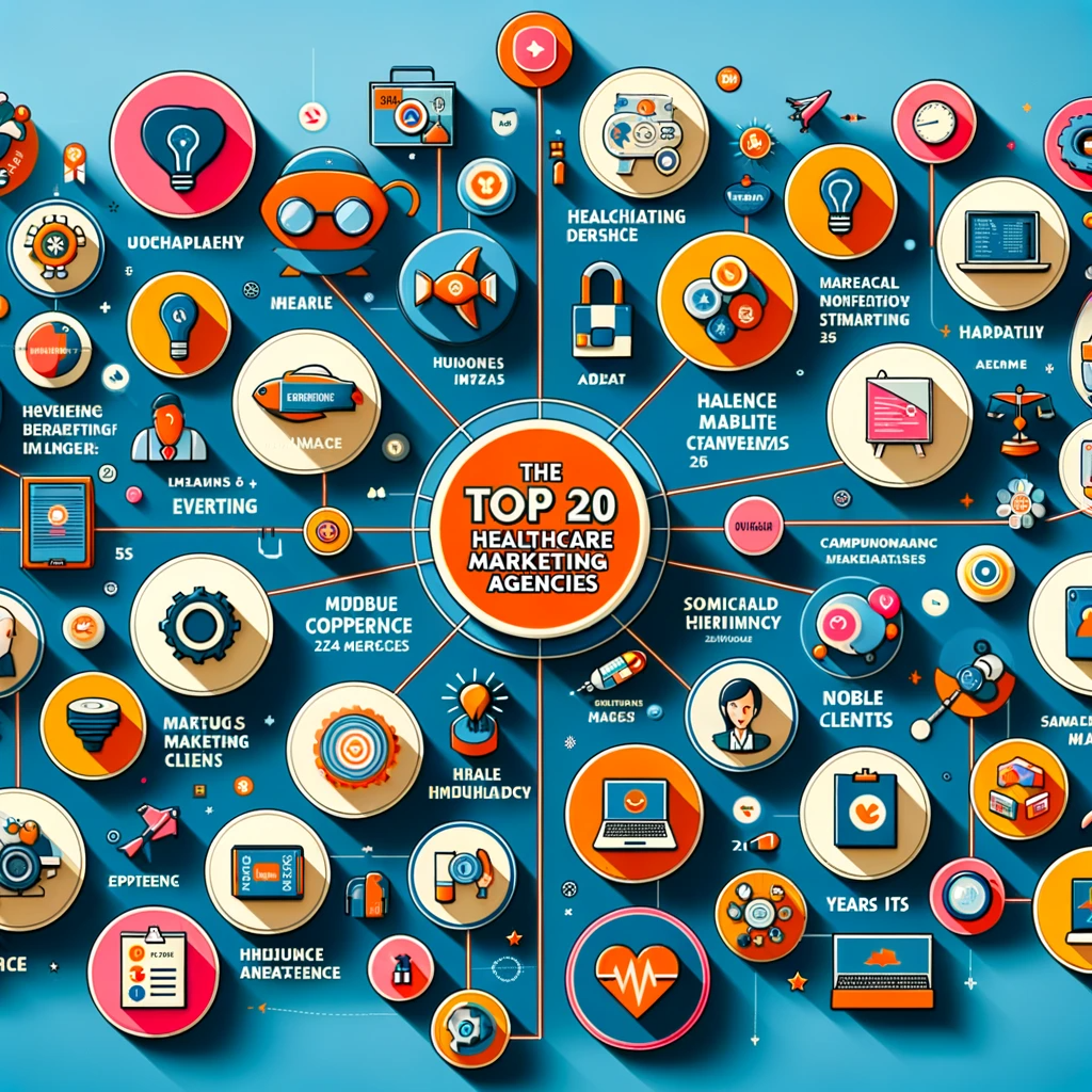 This engaging diagram offers a visual comparison of the top 20 healthcare marketing agencies in 2024. Each agency is represented by a unique icon, succinctly summarizing their key attributes such as expertise, notable clients, and years in business. The layout is designed for easy comprehension, allowing viewers to quickly grasp the distinctive qualities and strengths of each agency. This informative visualization serves as an essential guide for those seeking to understand the landscape of healthcare marketing expertise in 2024