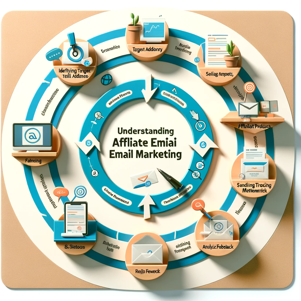 Cyclical diagram showing stages in affiliate email marketing: audience identification, product selection, email crafting, sending and tracking, feedback analysis, and strategy refinement