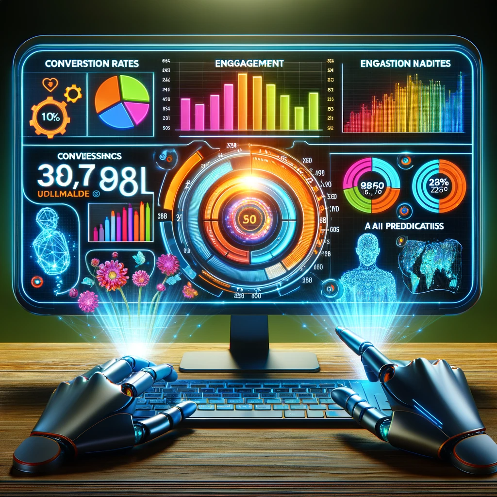 Vibrant digital marketing dashboard displaying conversion rates, engagement scores, and AI predictions, symbolizing data-driven marketing strategies.