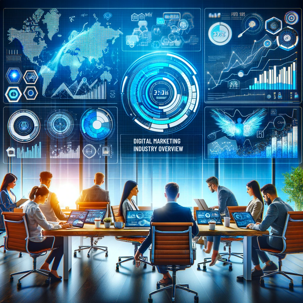 An image of a modern digital marketing office with a diverse team analyzing data charts on a large screen.