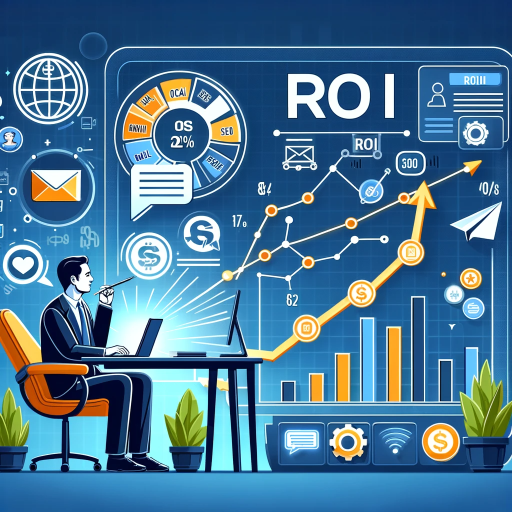An image depicting a marketer analyzing graphs showing high ROI in digital marketing, surrounded by symbols of email, social media, and SEO.