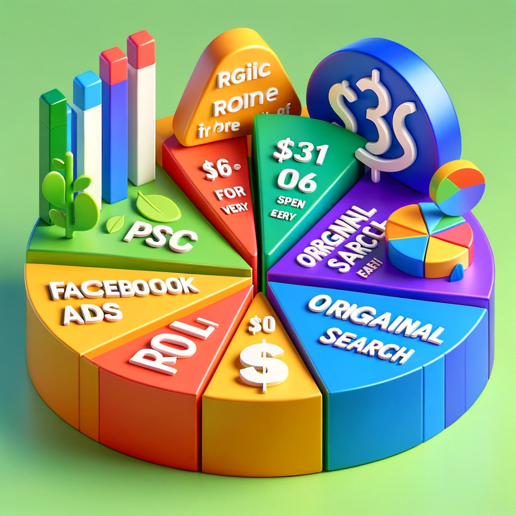 A colorful 3D pie chart showcasing the ROI of various digital marketing strategies, with segments for different strategies.
