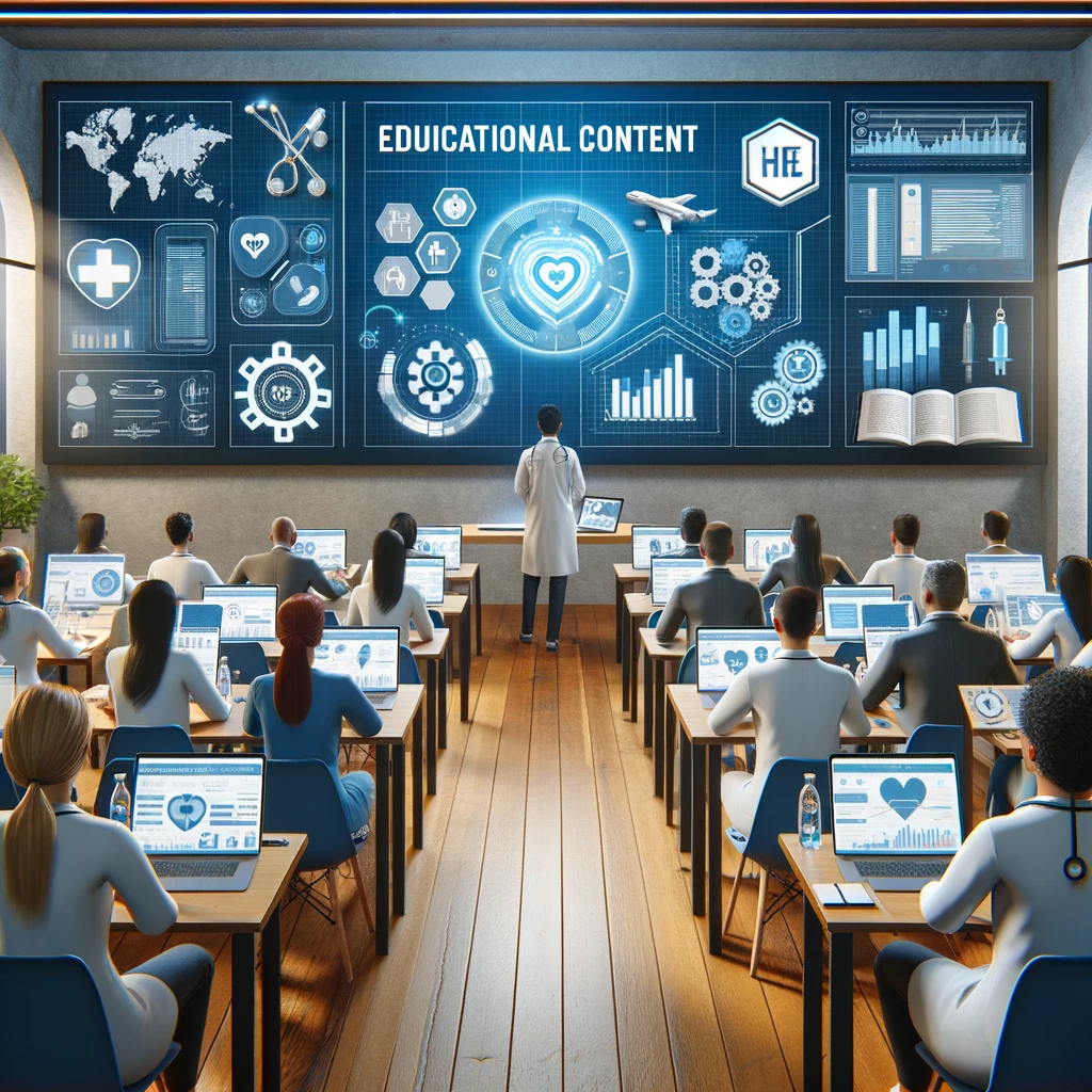 This image showcases a digital classroom setting where healthcare professionals engage in an online marketing course. The depiction of screens with healthcare marketing data and interactive learning tools, along with a virtual instructor, highlights the importance of continuous education and skill enhancement in healthcare digital marketing