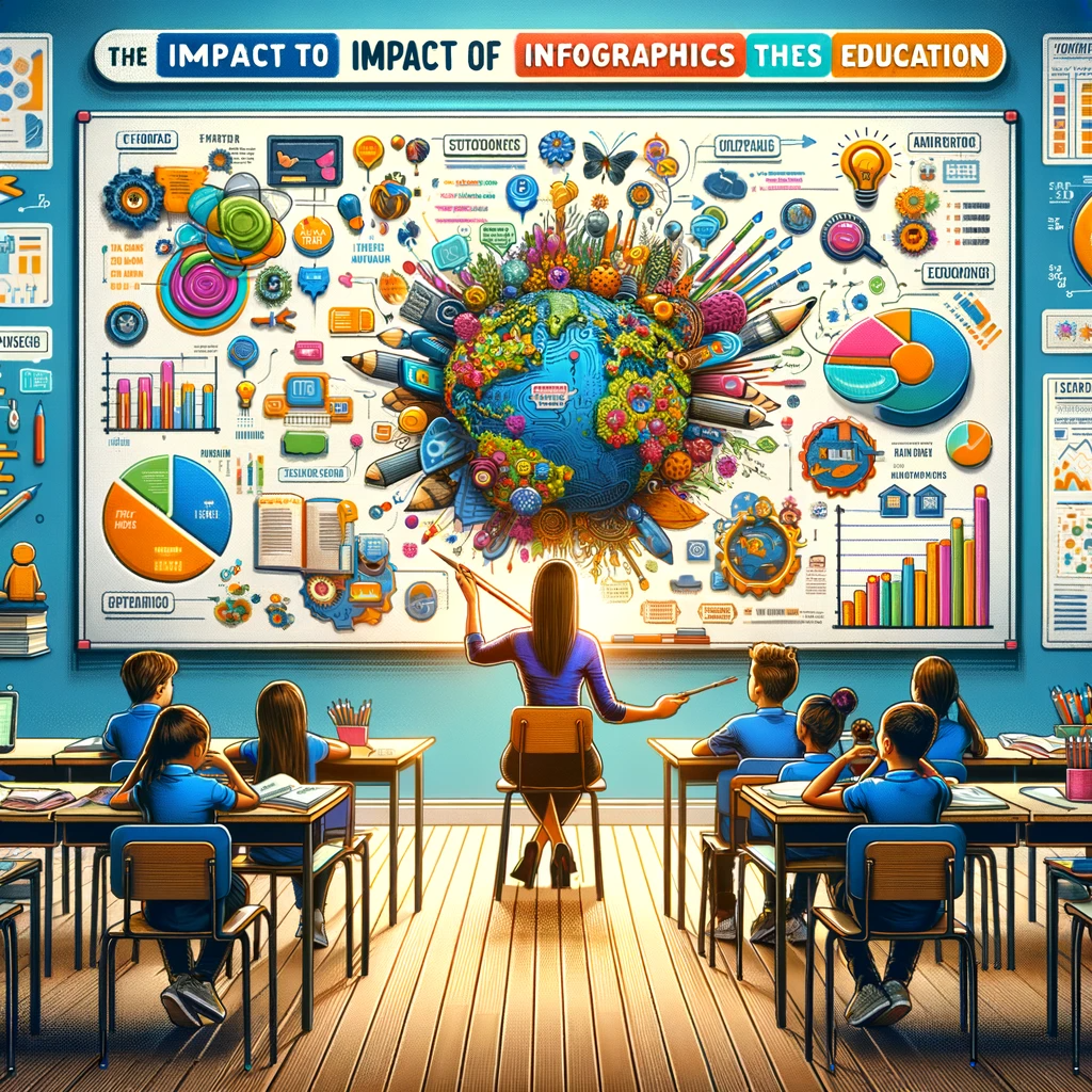 A classroom scene where a teacher uses an engaging infographic to explain complex subjects to students. The infographic includes charts and colorful graphics, making learning interactive to teach students What is an Infographic.