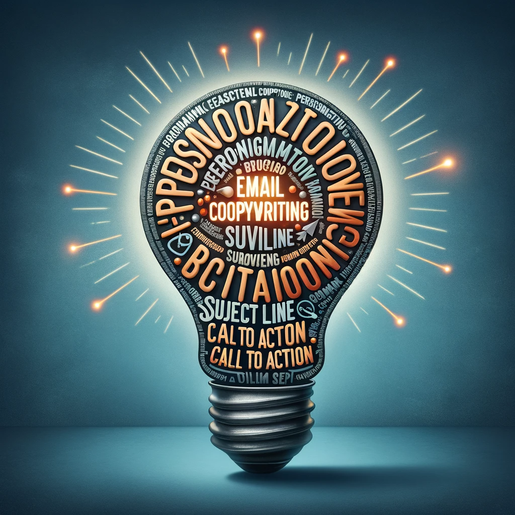 Creative light bulb illustration made of email copywriting words, representing innovative ideas in email marketing