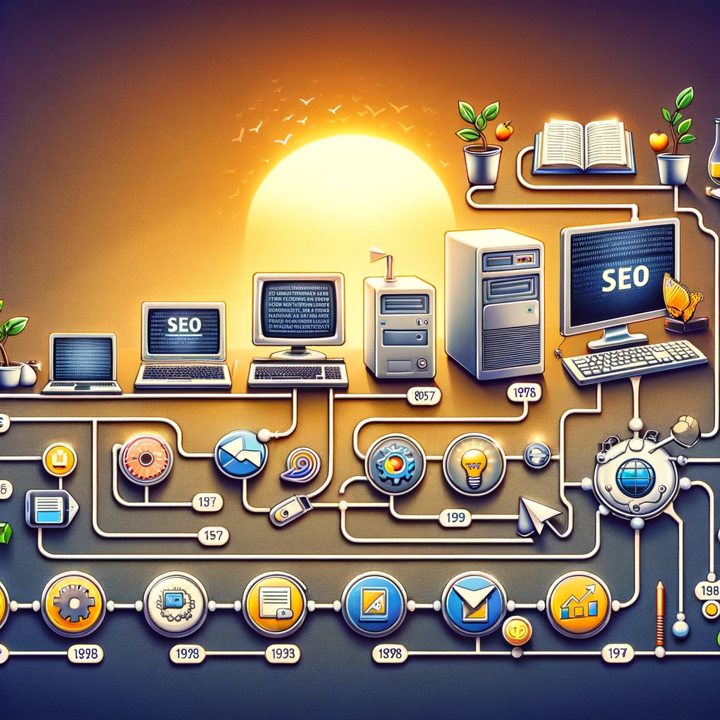 Timeline showing the evolution of SEO from basic keyword optimization to AI-driven strategies with era-specific symbols.