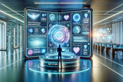 Futuristic AI laboratory with user interacting with an advanced AI Quotes Generator, displaying inspirational quotes on a holographic interface, illuminated by soft blue and green lights.