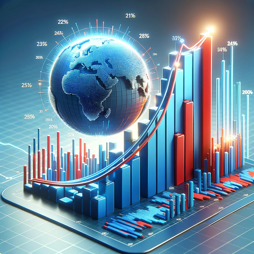 A 3D rising bar graph showing the market size from 2020 to 2024, with taller bars and changing colors from blue to red.