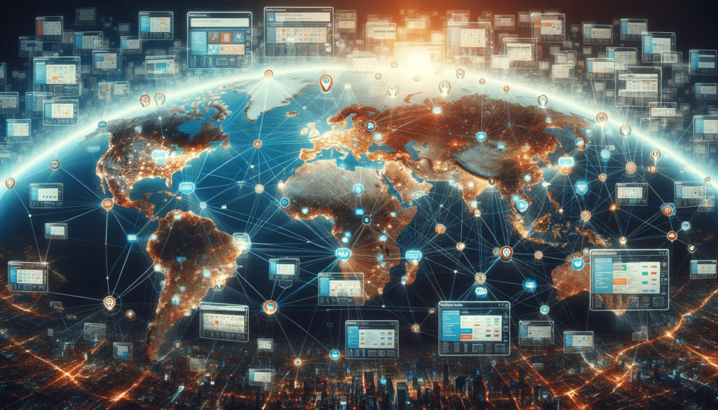 global map with digital nodes and connections representing the reach of domain names, and floating screens showing popular domains, illustrating the internet as a global network.