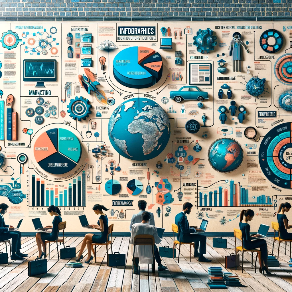 Tech experts analyzing an infographic with data trends and project details, demonstrating clear communication of complex tech information.