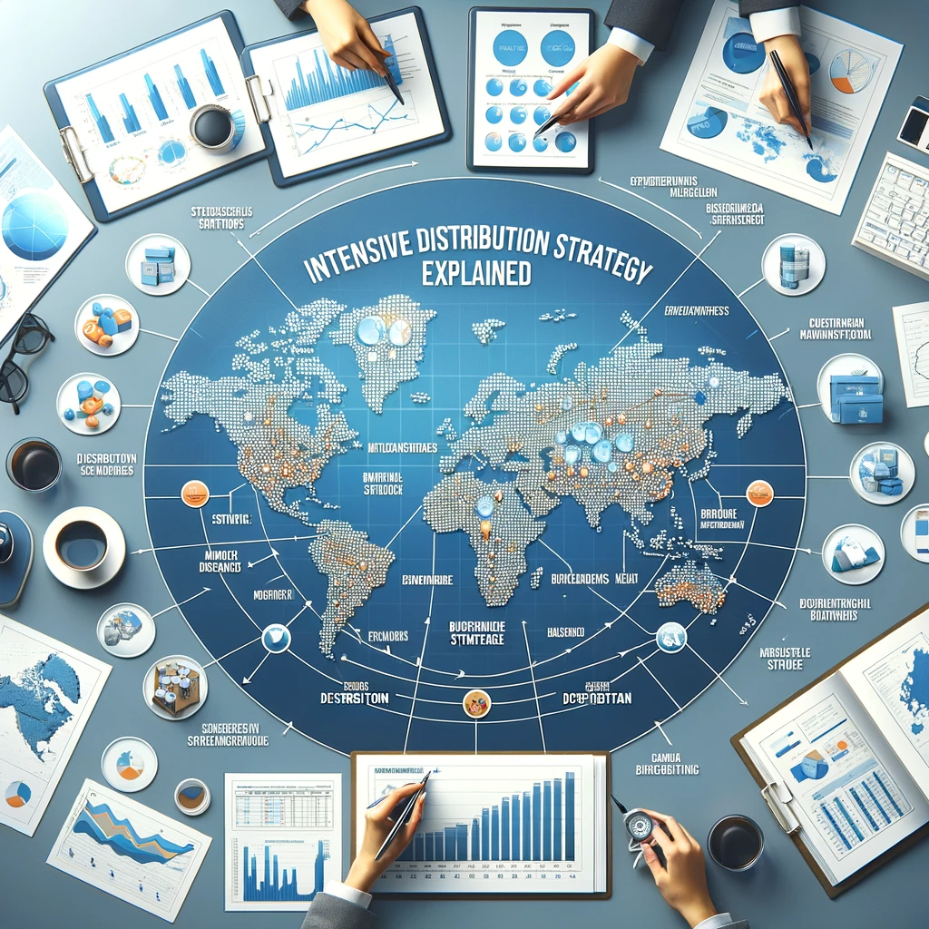 Strategic planning table with global map and marketing tools illustrating an intensive distribution approach.