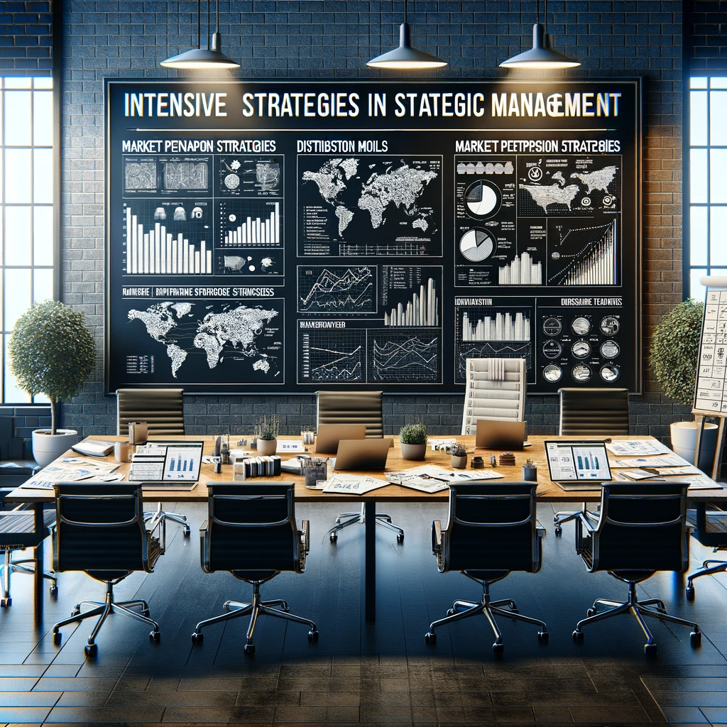Sophisticated office with strategic tools and whiteboards showing market penetration strategies for business planning.