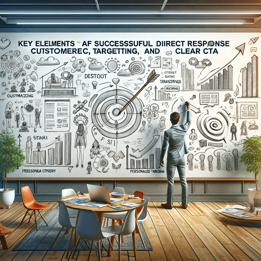 Marketer brainstorming customer-centric strategies for direct response marketing on a whiteboard