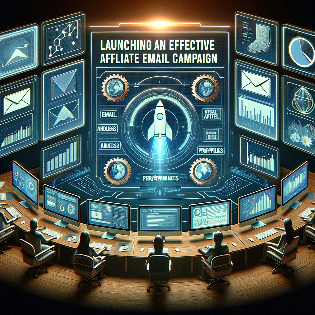 High-tech digital command center showing various aspects of launching an effective affiliate email marketing campaign