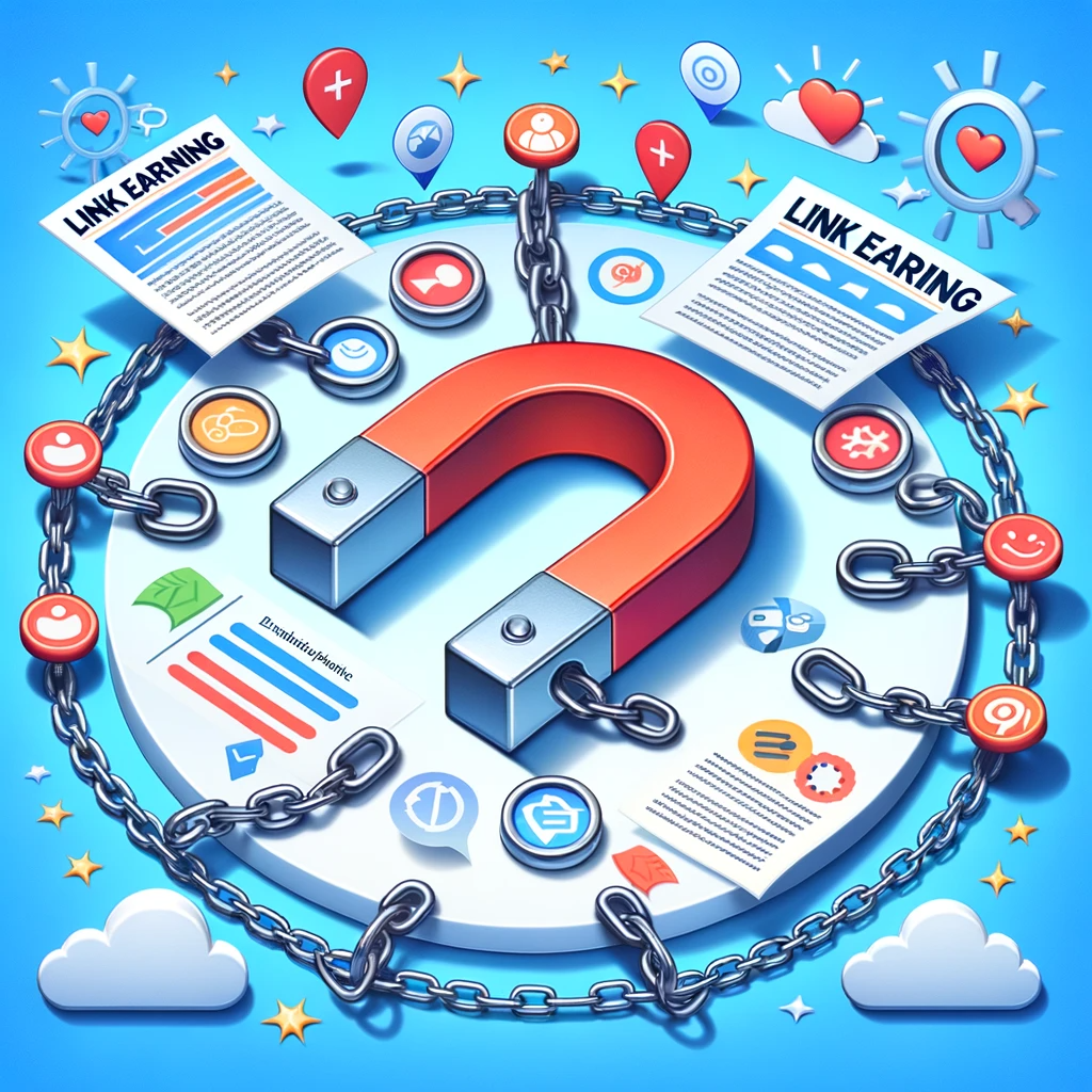 An image featuring a magnet drawing links towards high-quality web content, symbolizing the natural attraction of quality content in link earning. The content is visually rich with infographics and interactive elements, surrounded by positive user feedback icons.
