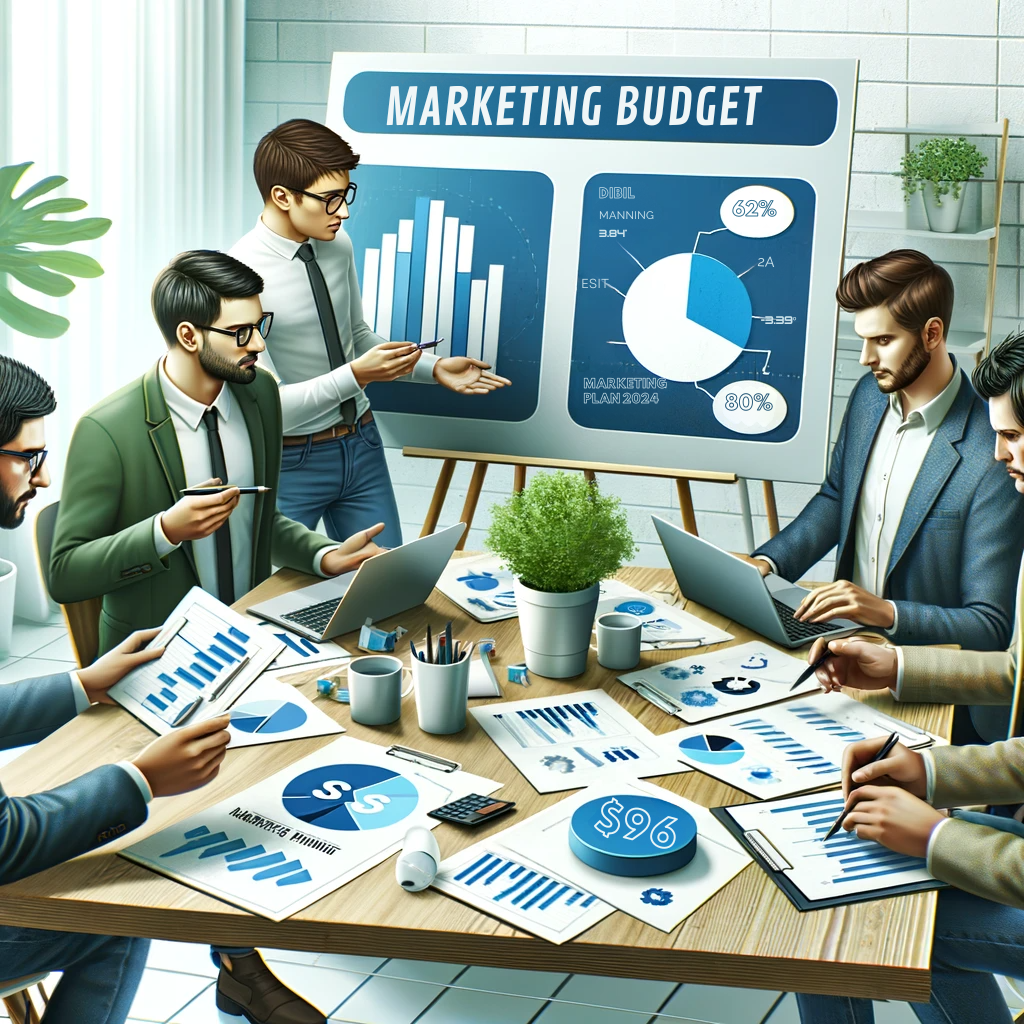 An image of a marketing team discussing around a table with graphs and charts, representing strategic planning for marketing budget allocation in digital marketing.