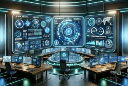 image that captures the concept of a futuristic digital marketing command center, symbolizing the advanced approach to microtargeting in modern marketing. This visual represents the sophisticated technology and data-driven strategies used in today's marketing landscape.