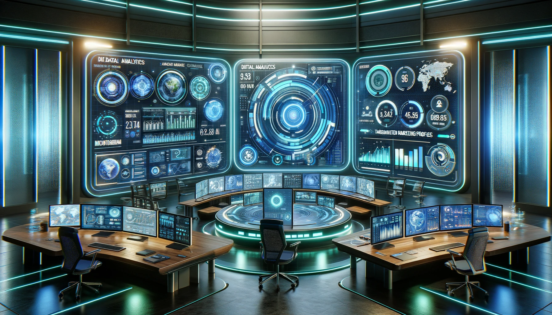 image that captures the concept of a futuristic digital marketing command center, symbolizing the advanced approach to microtargeting in modern marketing. This visual represents the sophisticated technology and data-driven strategies used in today's marketing landscape.