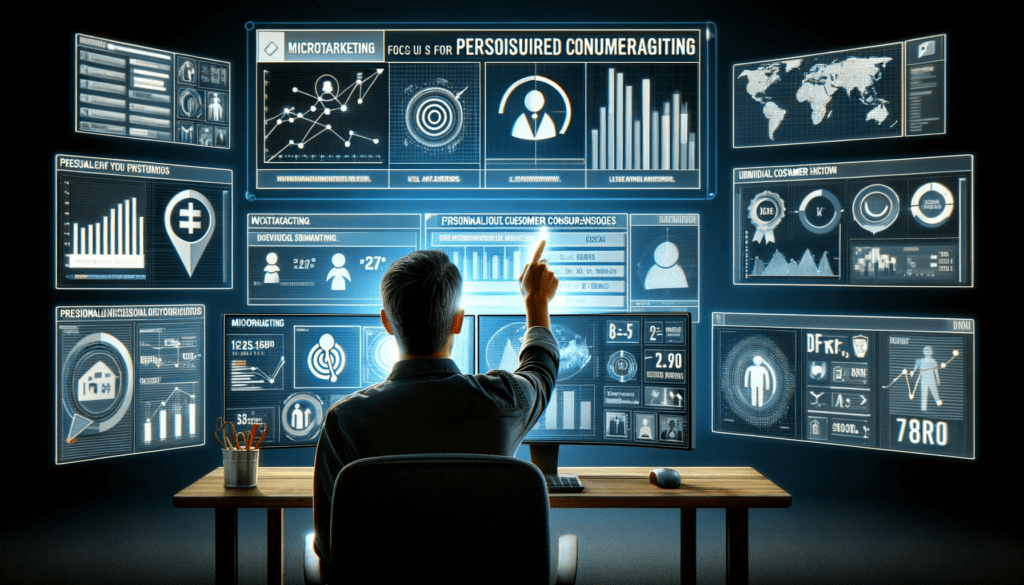 Digital marketer analyzing consumer data for finding practical Micro-Targeting Strategies, with screens displaying graphs, demographics, and individual consumer profiles.