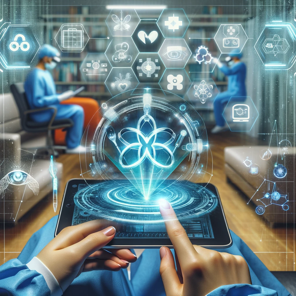 Portraying the advanced future of digital marketing in healthcare, this image features futuristic elements like holographic displays and AI-driven analytics. The integration of virtual reality in healthcare settings and symbols of digital innovation underscores the rapidly evolving and technologically advanced future of healthcare marketing