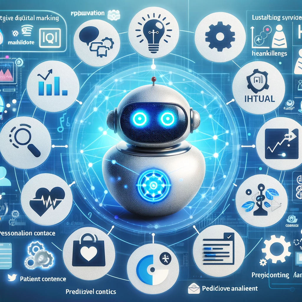 The diagram visualizes the role of AI and machine learning in healthcare digital marketing. It illustrates how AI technologies like chatbots, personalized content, and predictive analytics enhance the patient experience and marketing efficiency, making it an essential guide to understanding the impact of AI in this field.