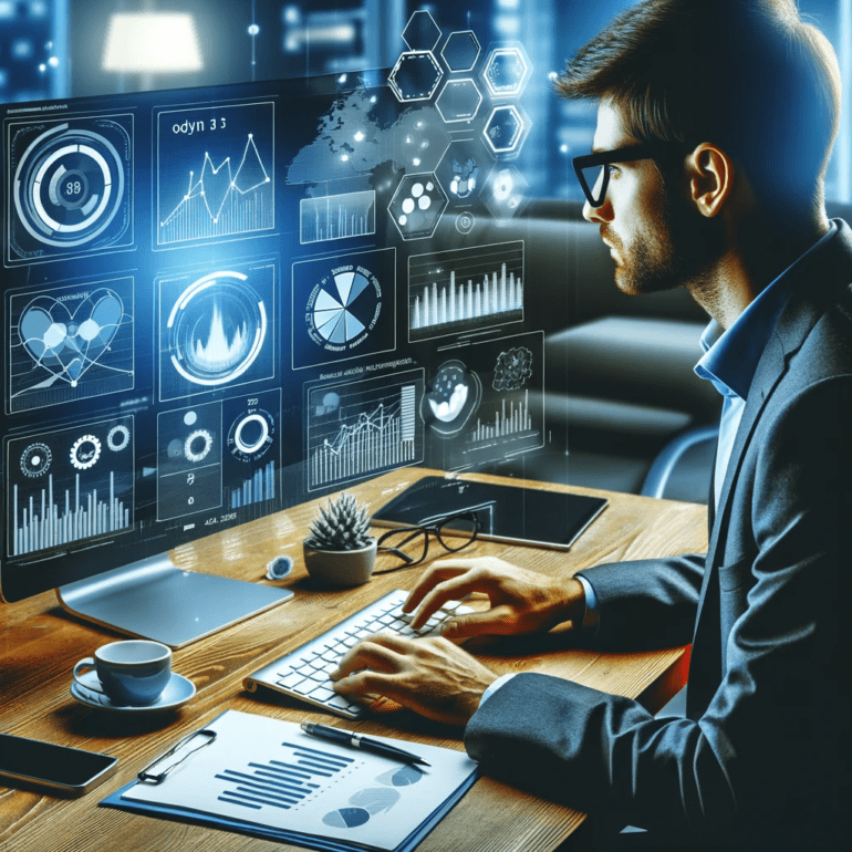 Futuristic digital globe surrounded by marketing charts, graphs, devices, and social media icons, encapsulating the global impact of digital marketing analytics.