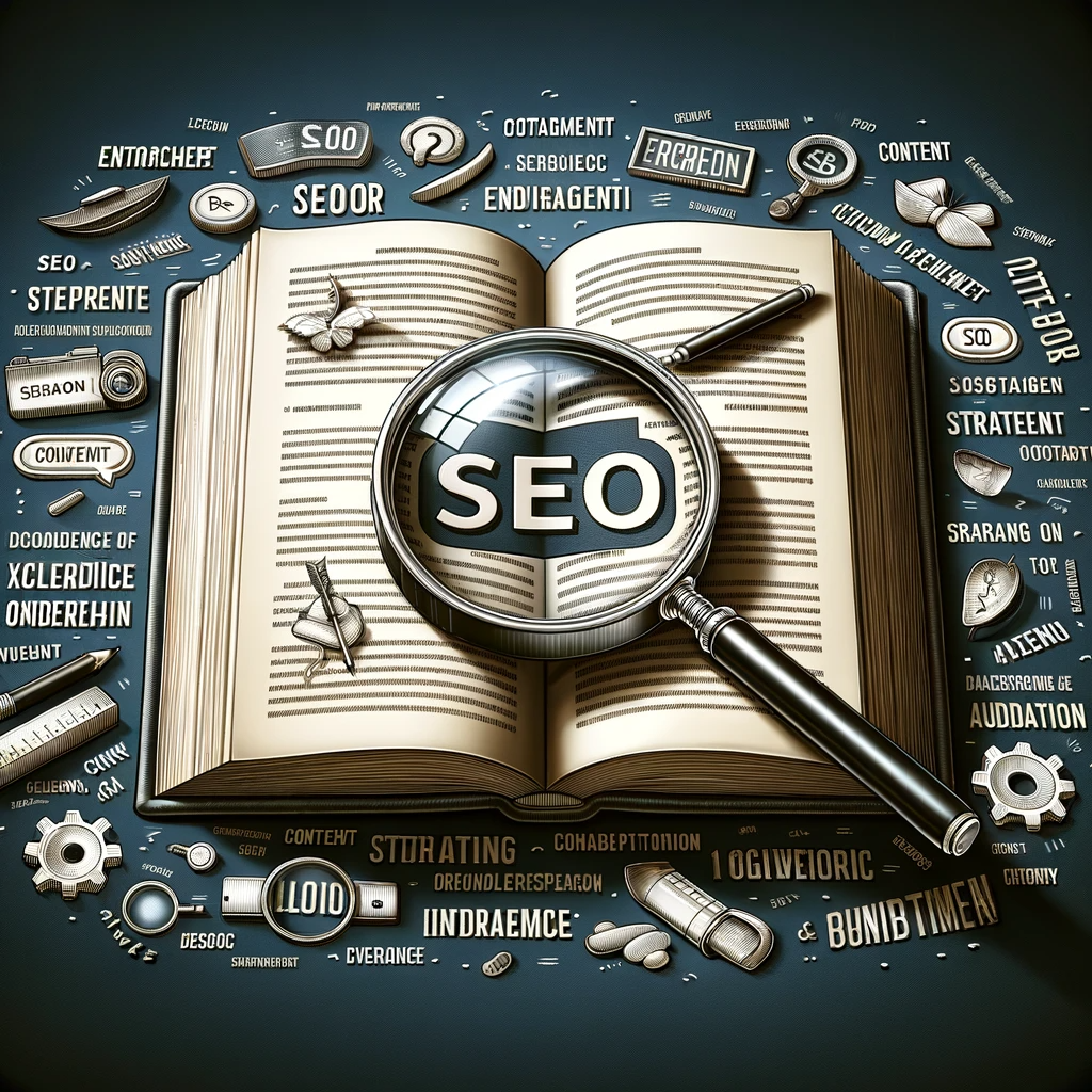 In-depth analysis of SEO copywriting with a magnifying glass on the word SEO and related keywords like engagement and content strategy.