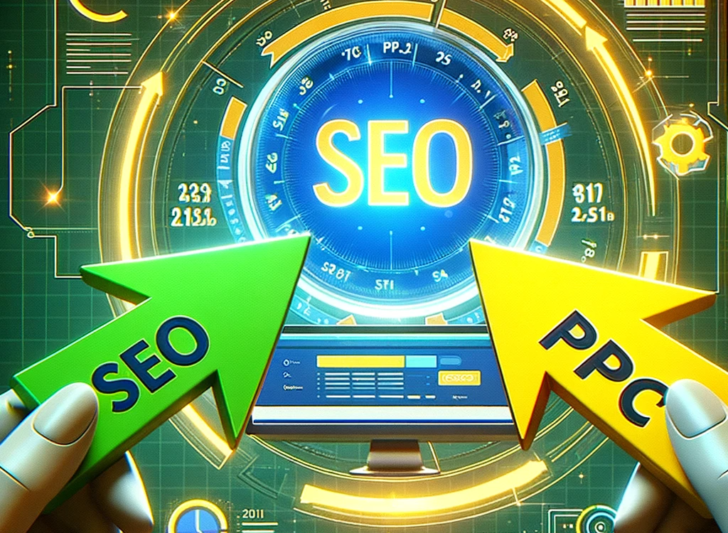 Graphic illustration of two arrows, one green labeled 'SEO' and the other yellow labeled 'PPC', converging towards a digital marketing search engine screen displaying metrics, symbolizing the intersection of SEO and PPC strategies in digital marketing.