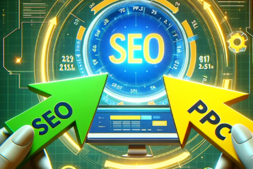 Graphic illustration of two arrows, one green labeled 'SEO' and the other yellow labeled 'PPC', converging towards a digital marketing search engine screen displaying metrics, symbolizing the intersection of SEO and PPC strategies in digital marketing.