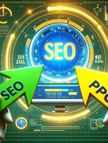 Graphic illustration of two arrows, one green labeled 'SEO' and the other yellow labeled 'PPC', converging towards a digital marketing search engine screen displaying metrics, symbolizing the intersection of SEO and PPC strategies in digital marketing.