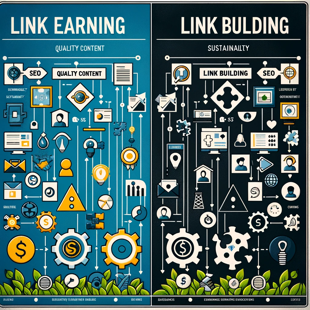 This diagram visually contrasts the approaches Link Earning vs. Link Building, sustainability, and SEO impact of link earning and link building. 