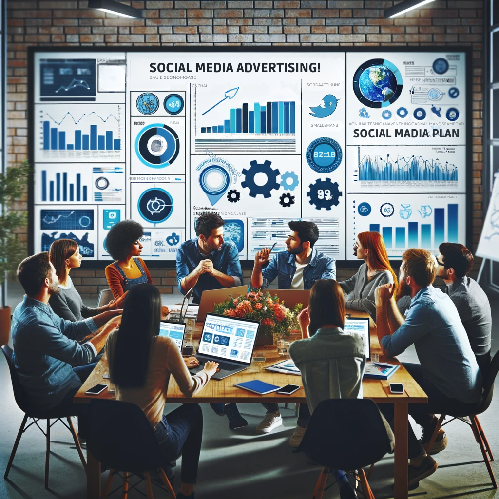 An image showing a diverse group of marketers analyzing a large graph depicting SEO investment and website traffic.