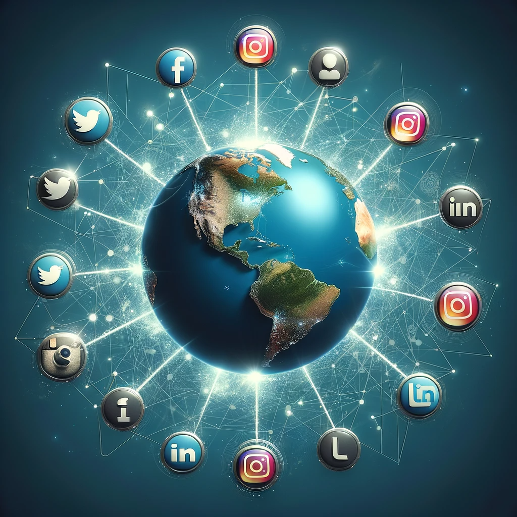 Global impact of social media copywriting illustrated by a globe connected to Facebook, Instagram, Twitter, and LinkedIn icons