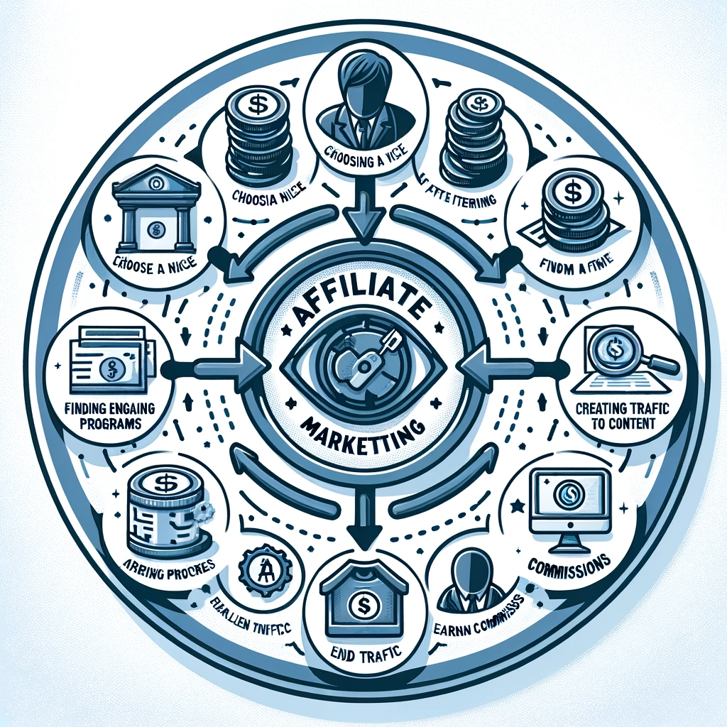 The chart provides a clear and concise roadmap for anyone looking to understand or start in affiliate marketing, breaking down the process into manageable, understandable steps.